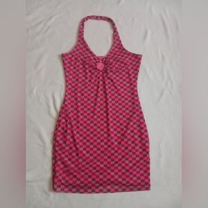 hot pink SO checkered brown and purple halter dress size S